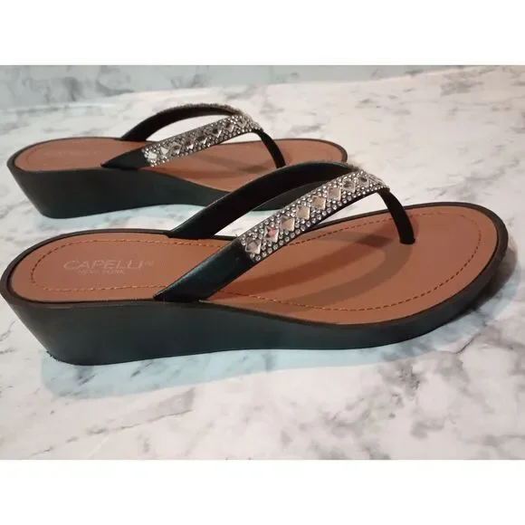 Capelli New York Black Wedge Flip Flops with Jeweled Straps Size 3-4 - Picture 5 of 9